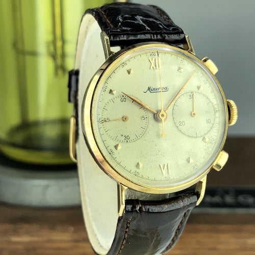 1940’s Vintage Minerva Chronograph Solid 18k Gold Cal. 13-20CH 2 Register