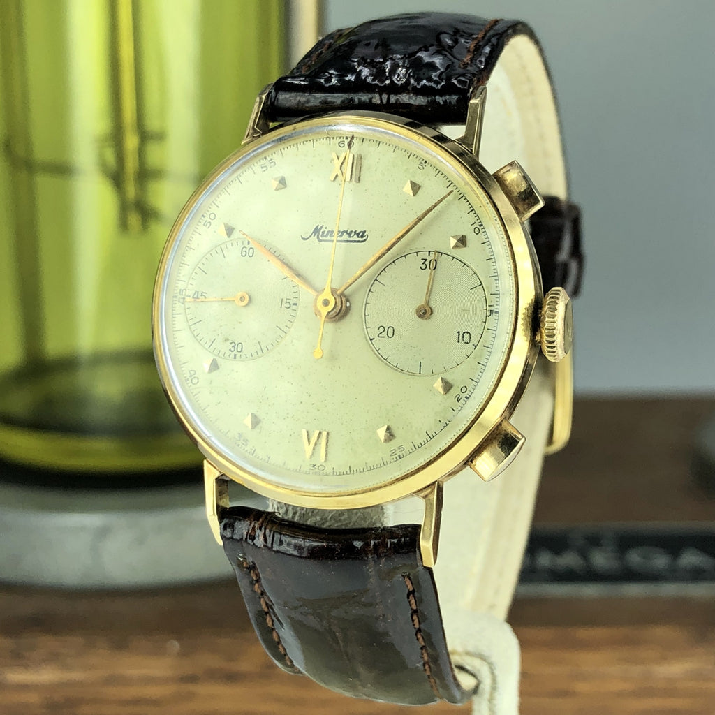 1940’s Vintage Minerva Chronograph Solid 18k Gold Cal. 13-20CH 2 Register