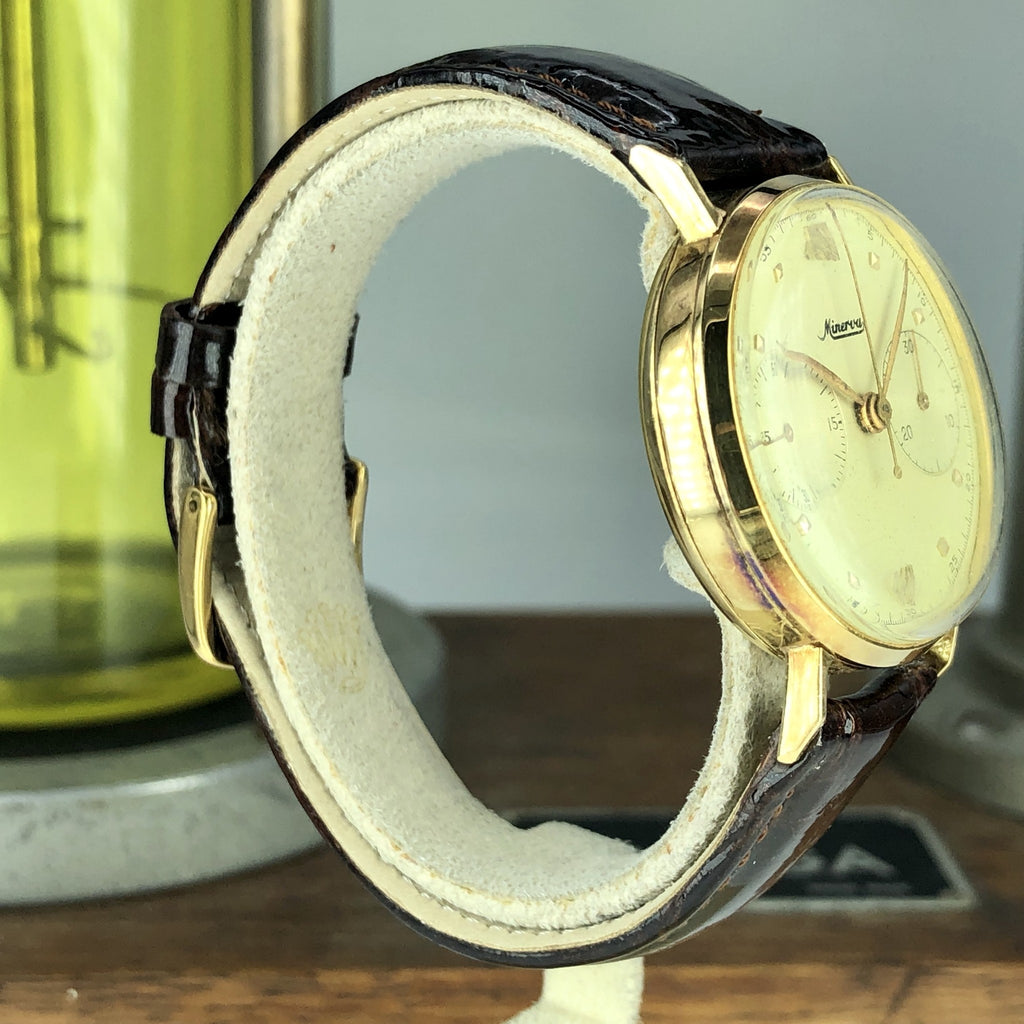 1940’s Vintage Minerva Chronograph Solid 18k Gold Cal. 13-20CH 2 Register