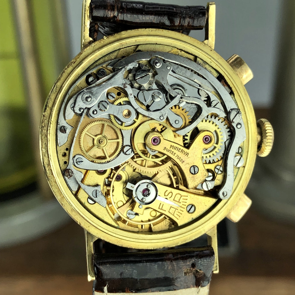 1940’s Vintage Minerva Chronograph Solid 18k Gold Cal. 13-20CH 2 Register