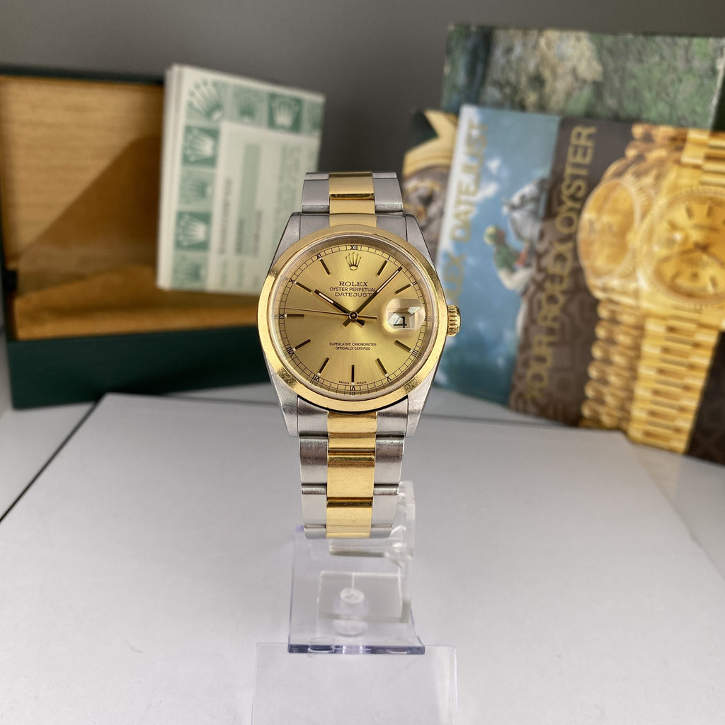 1999 Rolex Datejust 16203 Steel & Gold Oyster 36mm Unpolished complete set box & papers
