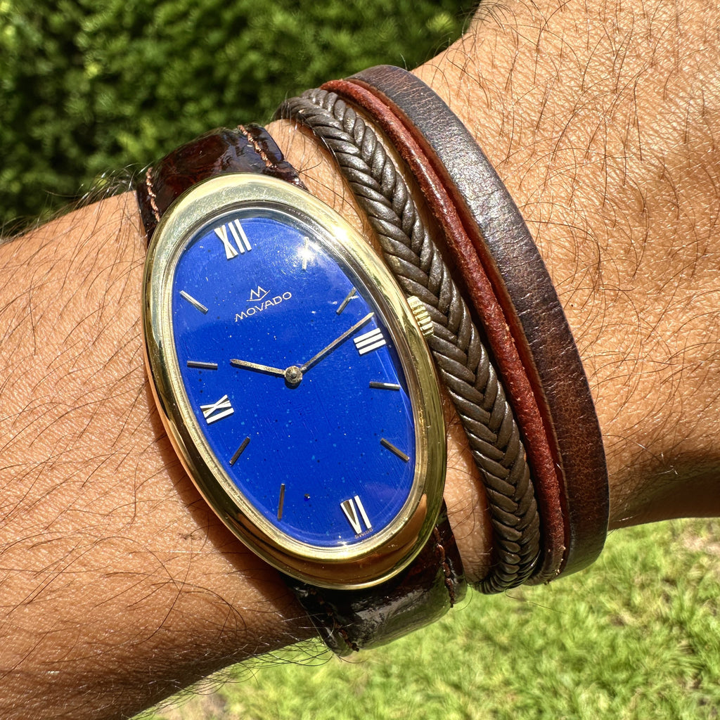 Movado Zenith Curved Allongèe Baignoire Oval 18k Solid Gold with Lapis Lazuli Dial