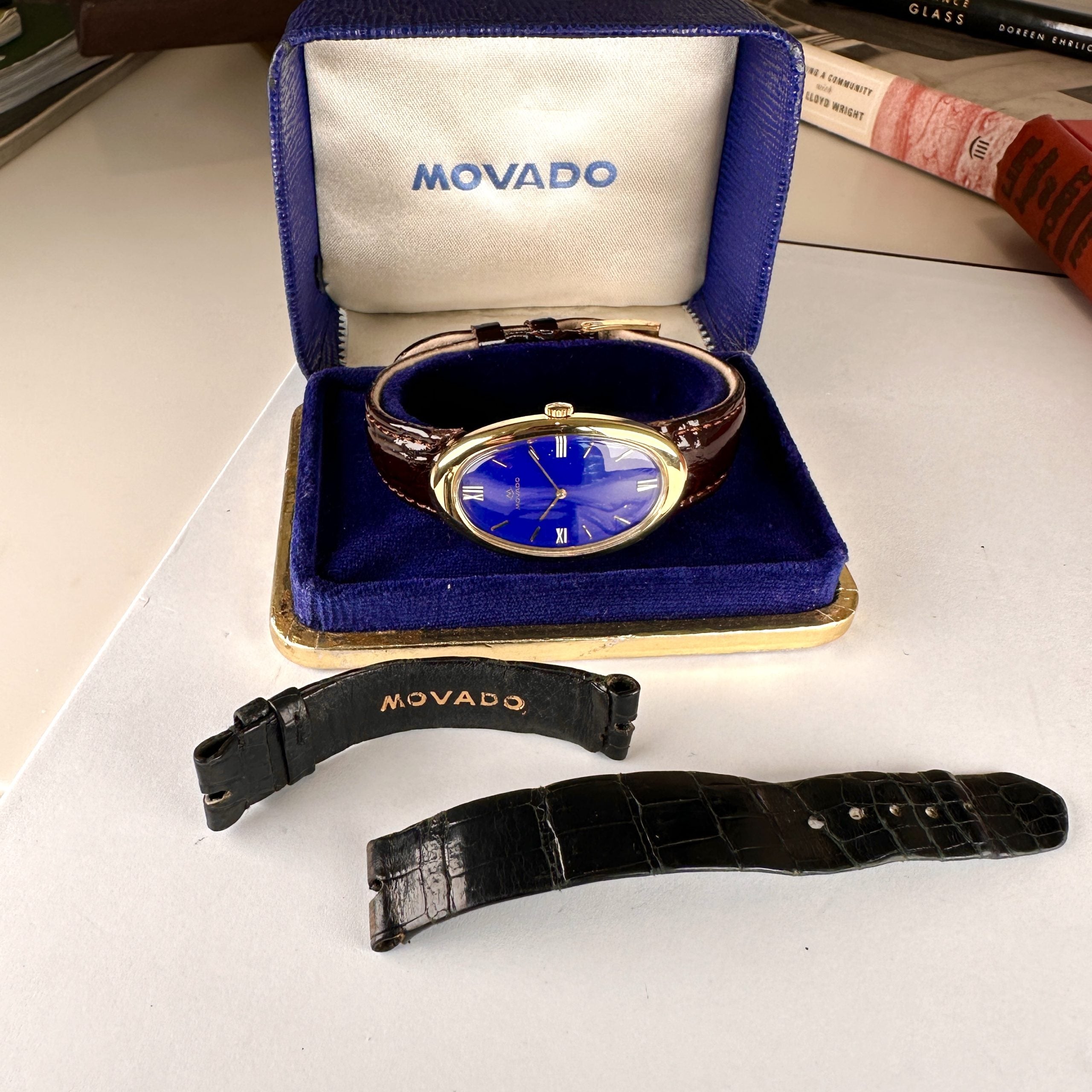 Movado Zenith Curved Allongèe Baignoire Oval 18k Solid Gold with Lapis Lazuli Dial