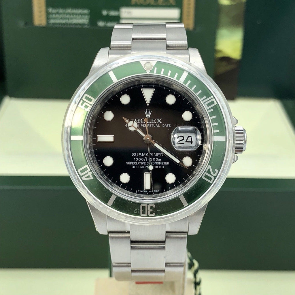 2008 NOS Rolex 16610LV Submariner Anniversary Green Kermit Full Set Card M