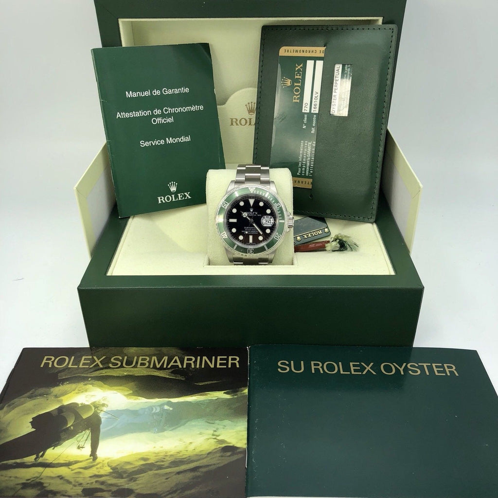 2008 NOS Rolex 16610LV Submariner Anniversary Green Kermit Full Set Card M