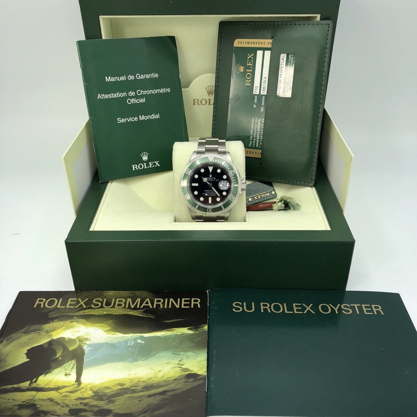 2008 NOS Rolex 16610LV Submariner Anniversary Green Kermit Full Set Card M