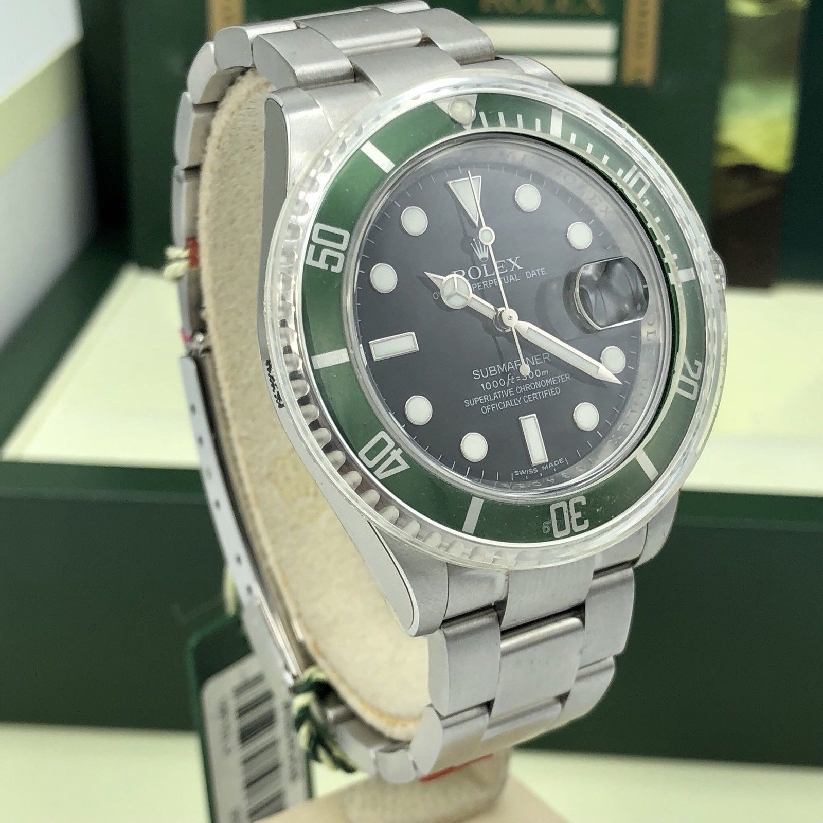 2008 NOS Rolex 16610LV Submariner Anniversary Green Kermit Full Set Card M