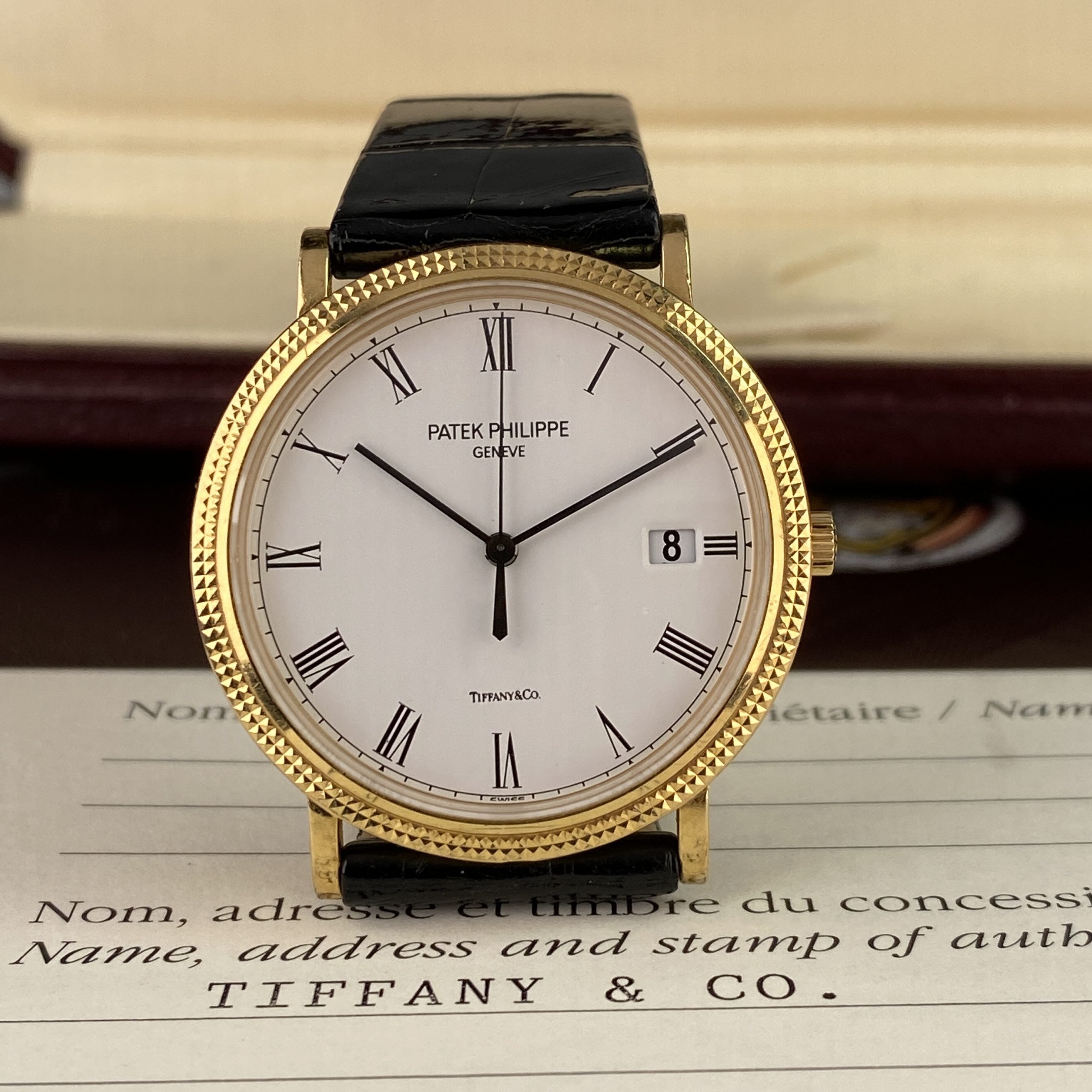 Patek Philippe Ref 3944 J Calatrava Retailed by Tiffany & Co.18k Yellow Gold Complete Set Box and Papers