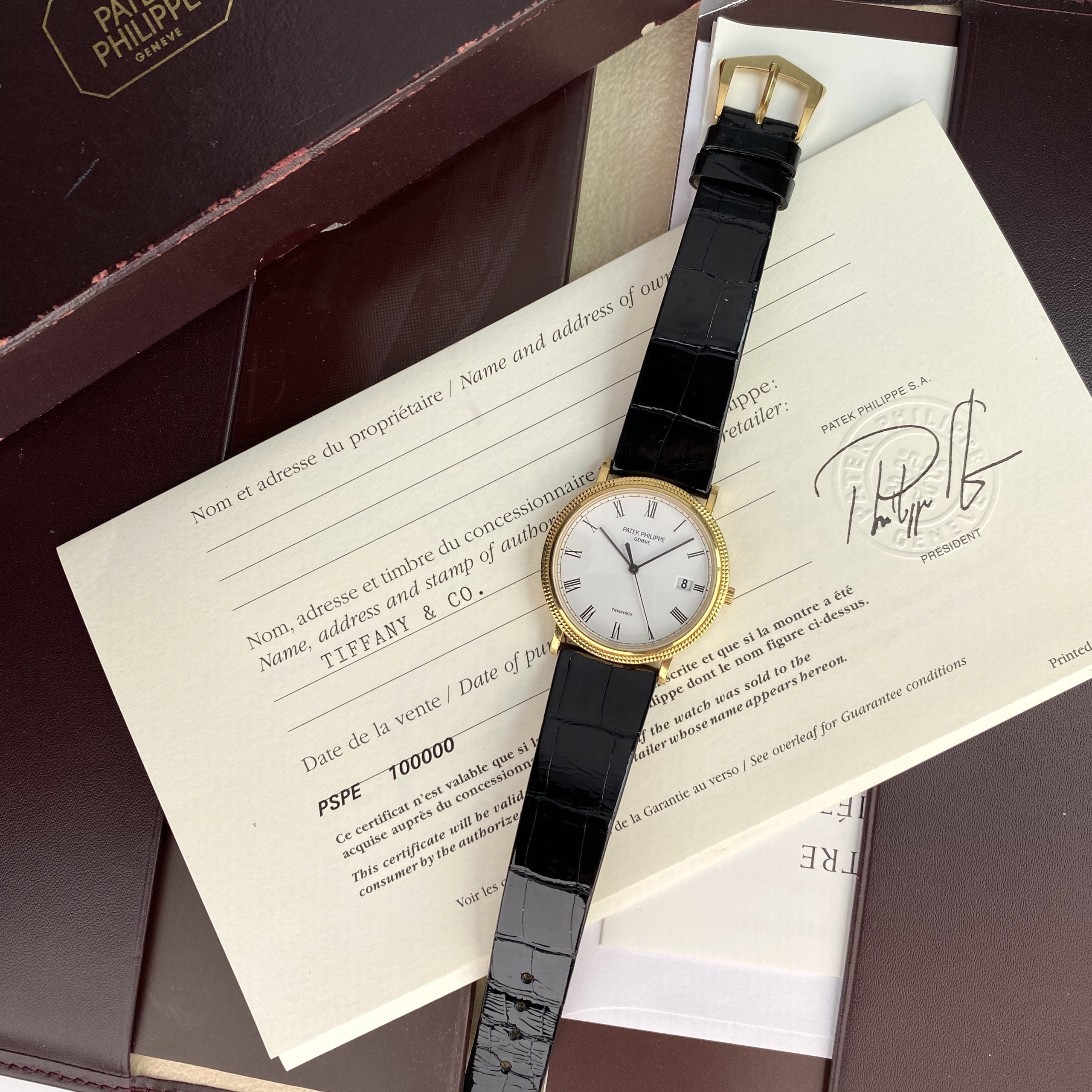 Patek Philippe Ref 3944 J Calatrava Retailed by Tiffany & Co.18k Yellow Gold Complete Set Box and Papers