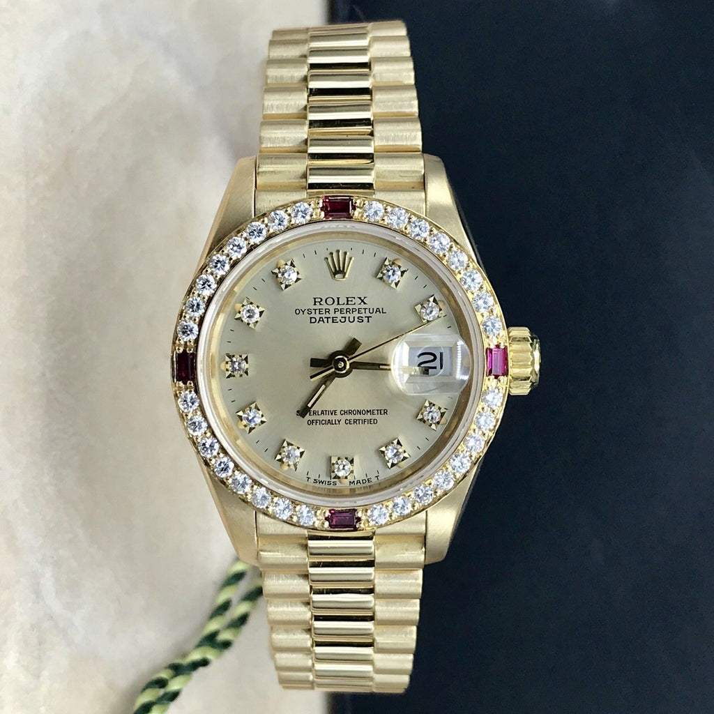 Rare Rolex 69068 President Lady 18k Gold Factory Diamond and Ruby Box Papers