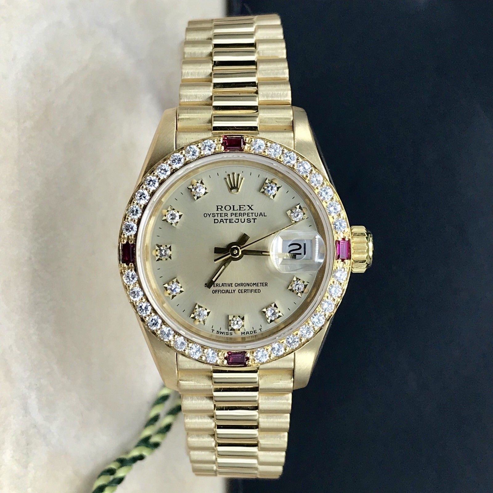 Rare Rolex 69068 President Lady 18k Gold Factory Diamond and Ruby Box Papers