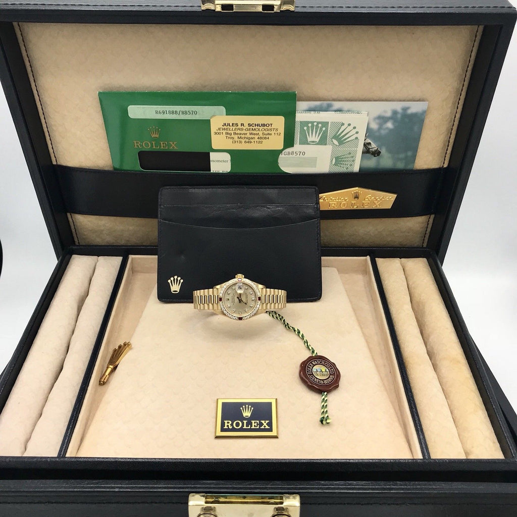 Rare Rolex 69068 President Lady 18k Gold Factory Diamond and Ruby Box Papers