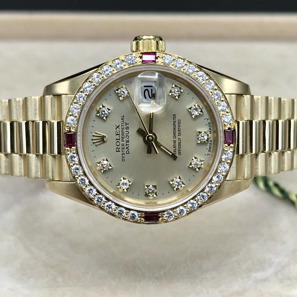 Rare Rolex 69068 President Lady 18k Gold Factory Diamond and Ruby Box Papers