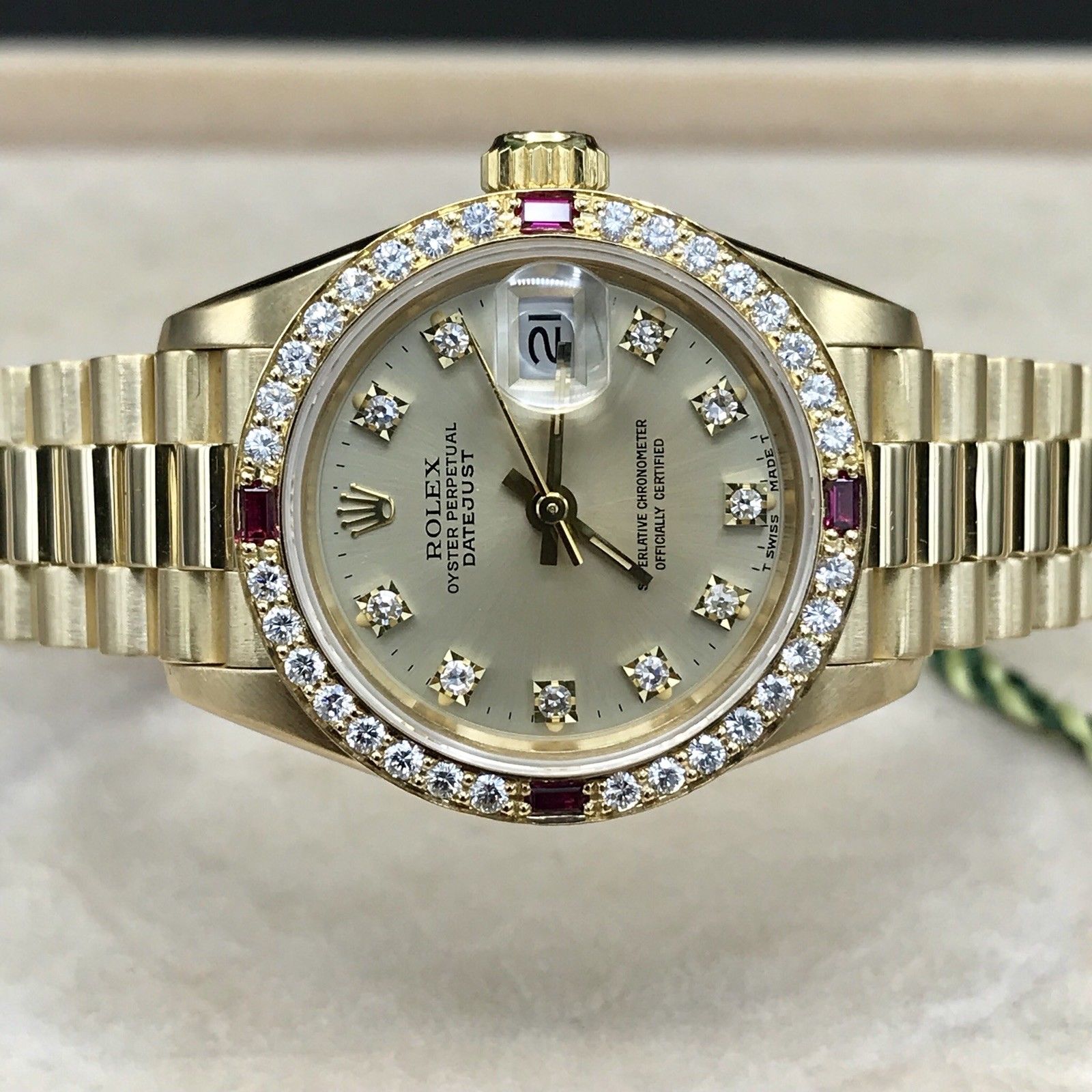 Rare Rolex 69068 President Lady 18k Gold Factory Diamond and Ruby Box Papers