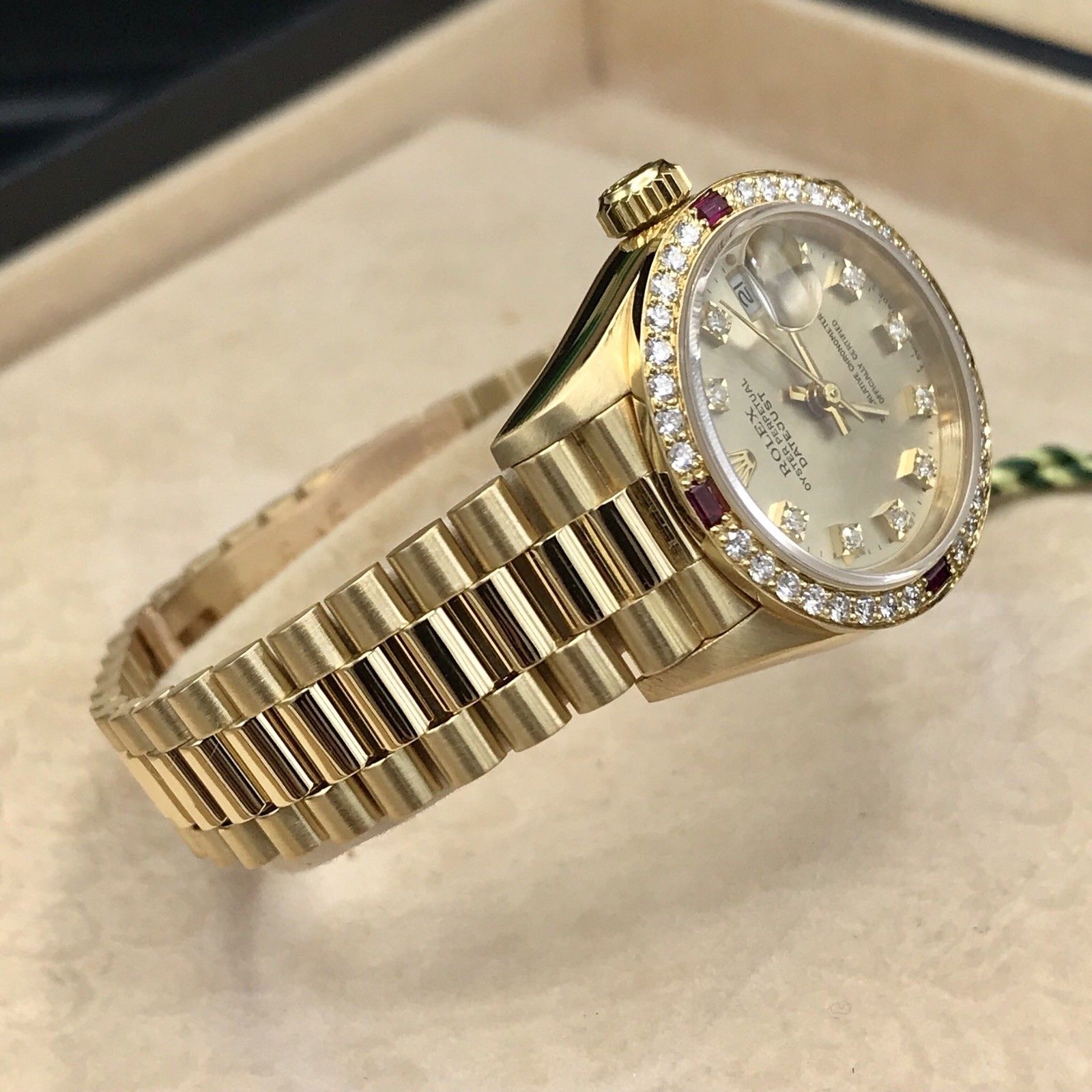 Rare Rolex 69068 President Lady 18k Gold Factory Diamond and Ruby Box Papers