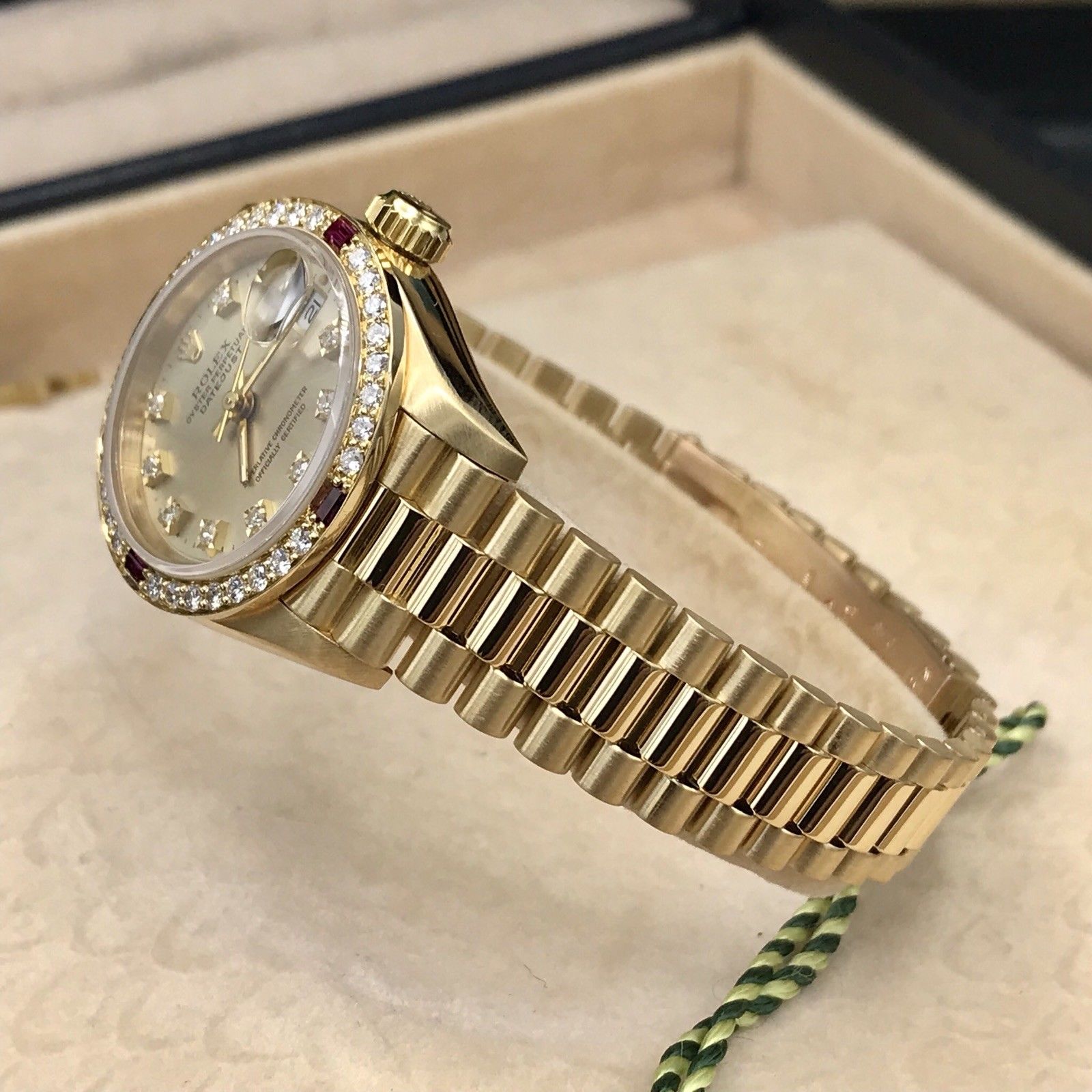 Rare Rolex 69068 President Lady 18k Gold Factory Diamond and Ruby Box Papers