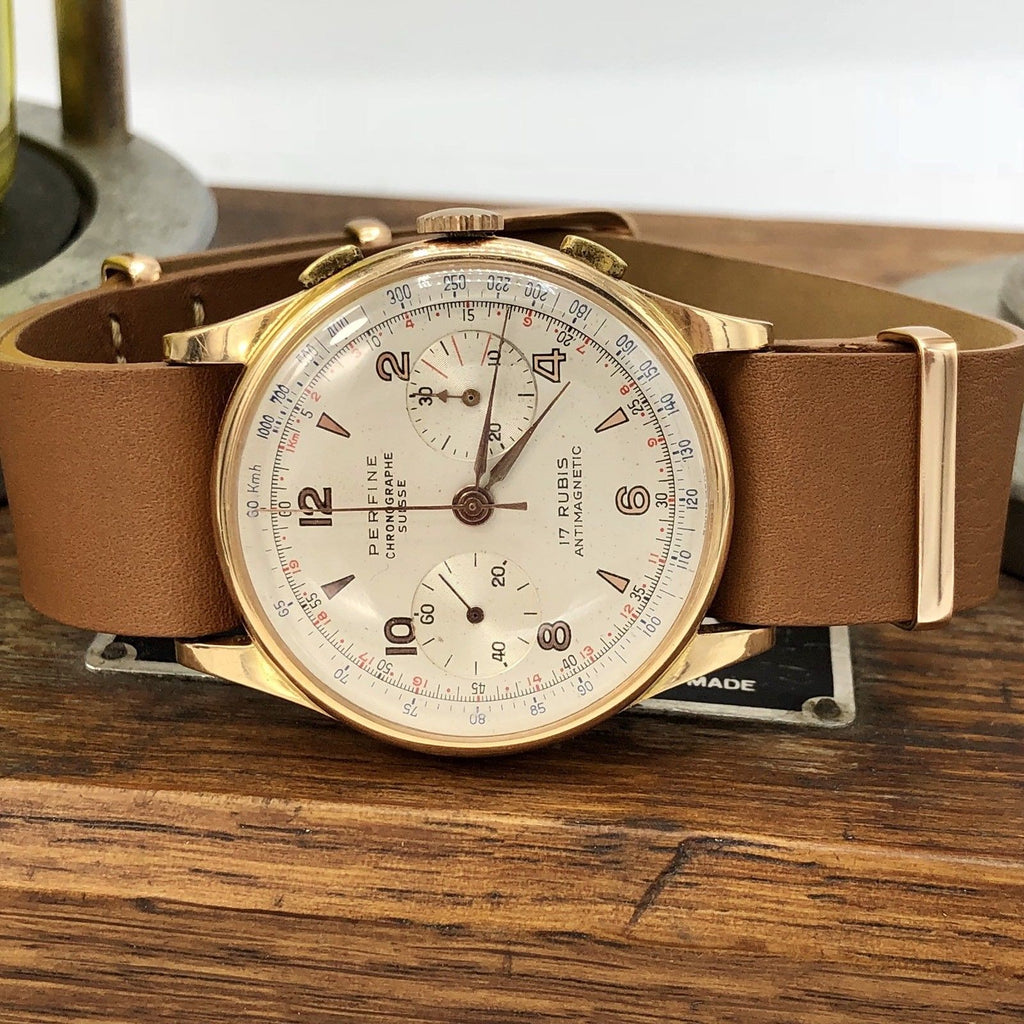 Rare Vintage Perfine Chronograph 18K Rose Gold Swiss Made Watch 38mm