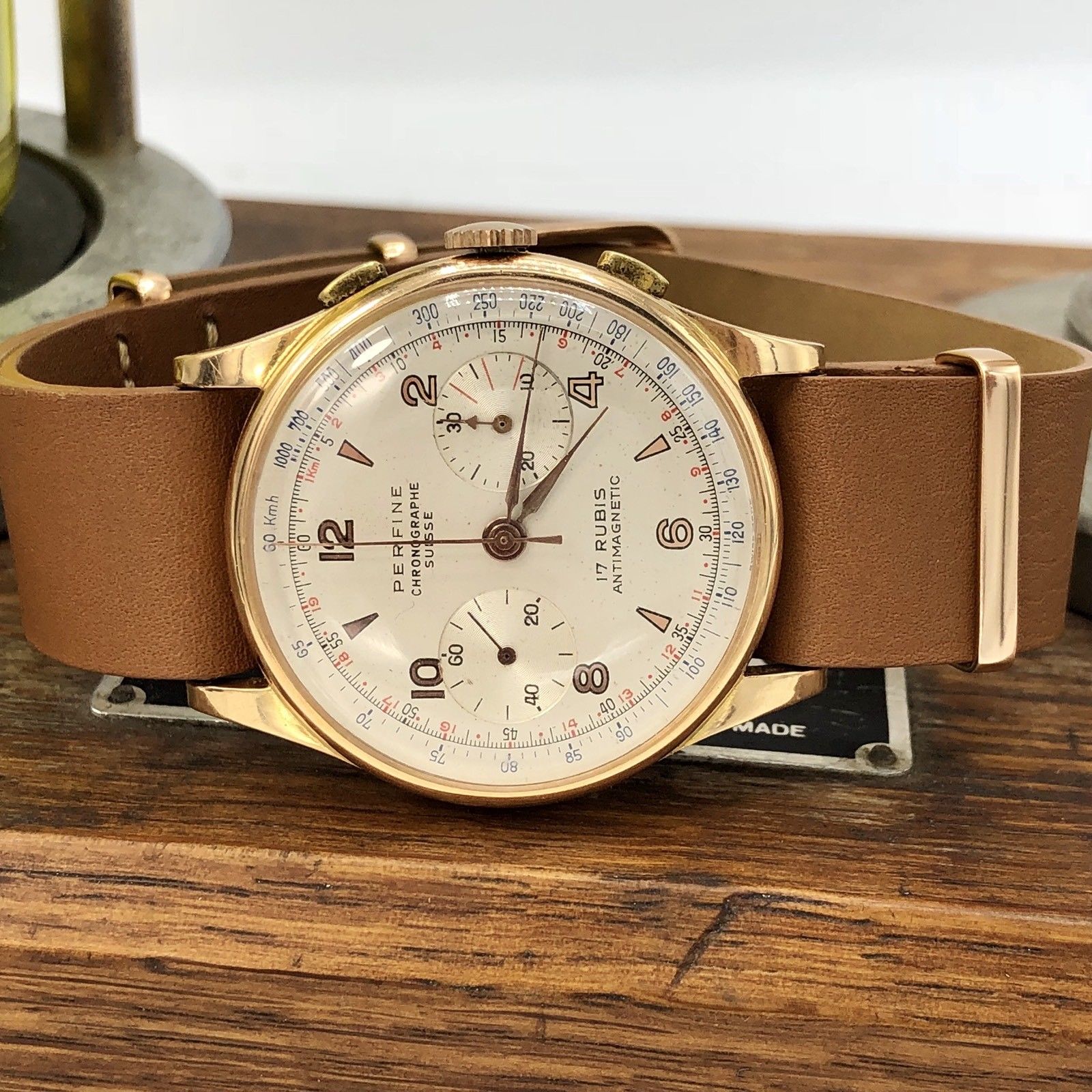 Rare Vintage Perfine Chronograph 18K Rose Gold Swiss Made Watch 38mm