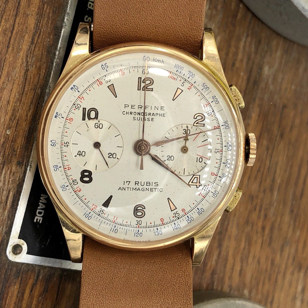 Rare Vintage Perfine Chronograph 18K Rose Gold Swiss Made Watch 38mm