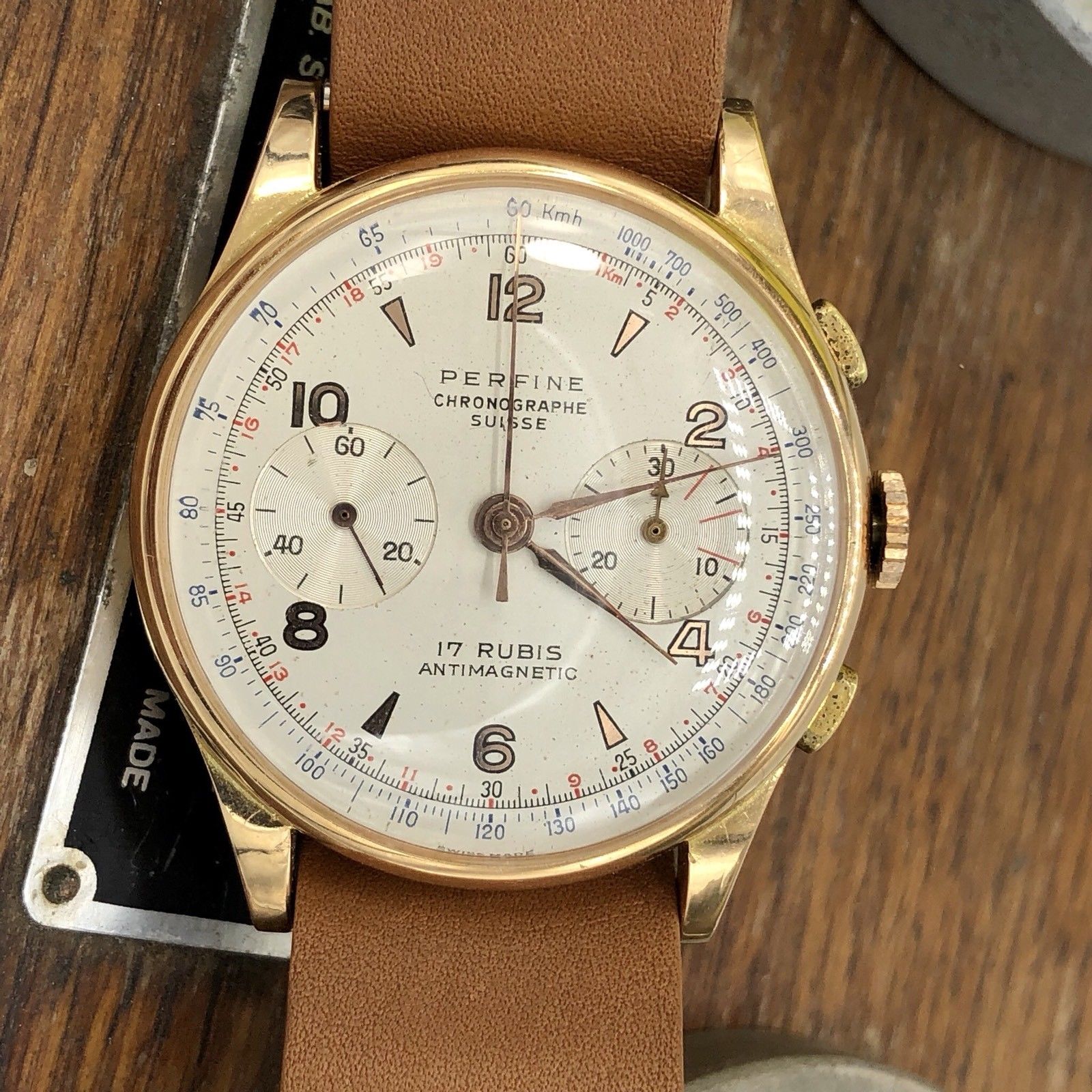Rare Vintage Perfine Chronograph 18K Rose Gold Swiss Made Watch 38mm