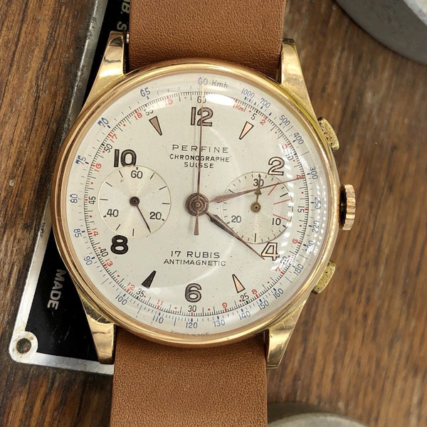 Rare Vintage Perfine Chronograph 18K Rose Gold Swiss Made Watch 38mm