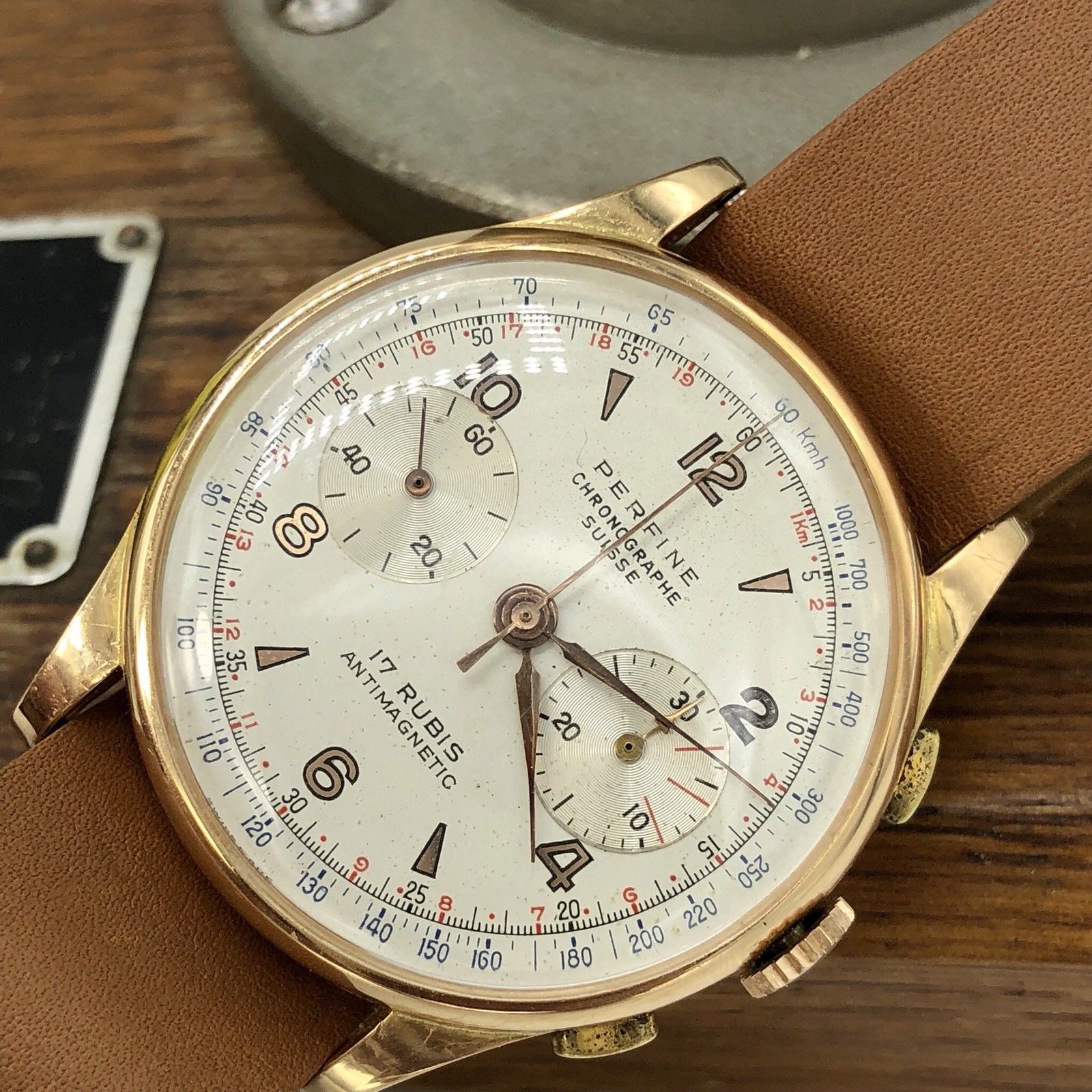 Rare Vintage Perfine Chronograph 18K Rose Gold Swiss Made Watch 38mm