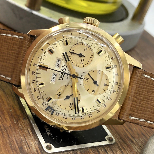 Rare Vintage Vulcain Chronograph Triple Date Valjoux 730 39mm large size