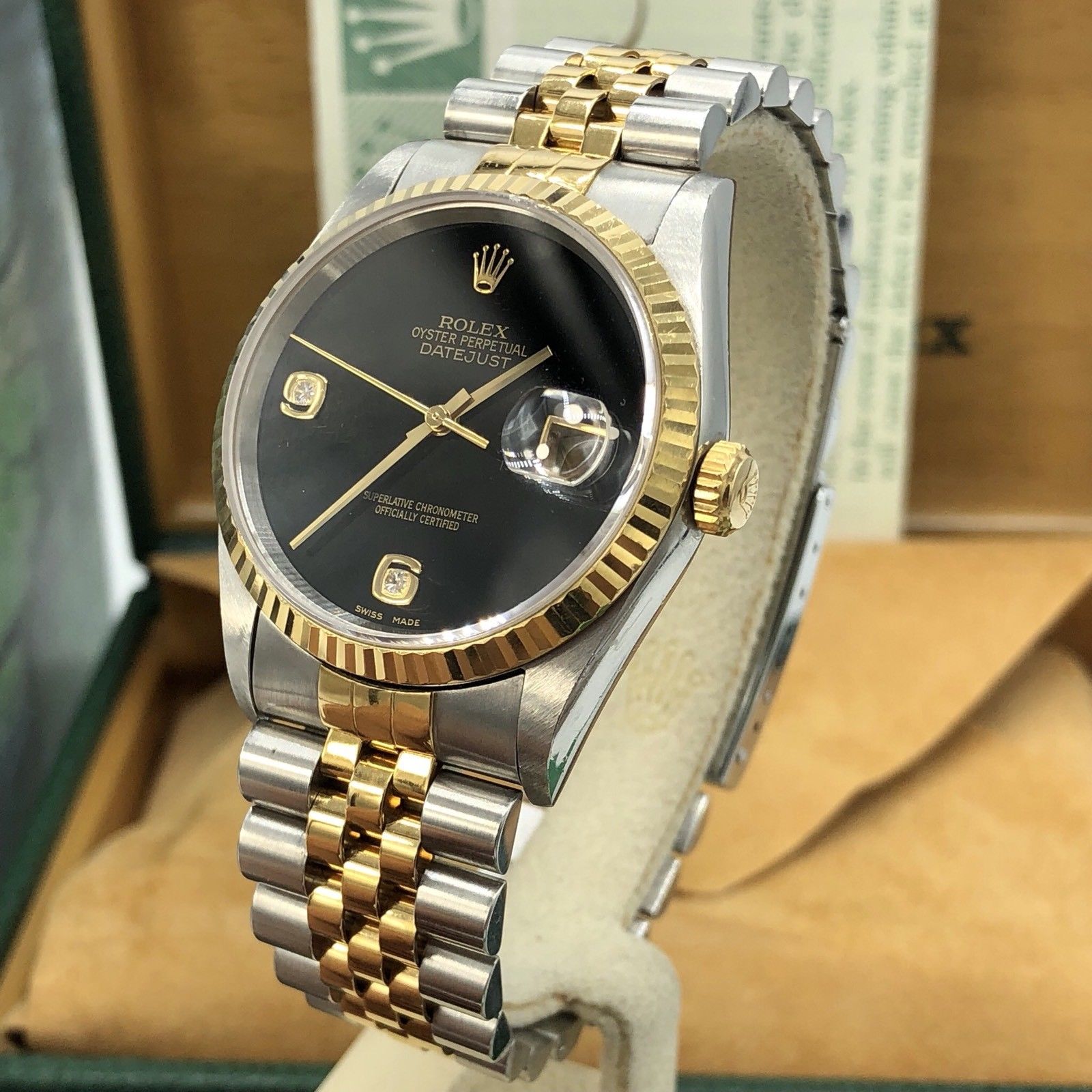 1998 Rolex 16233 DateJust FACTORY Onyx Diamond Dial Full set box & Papers