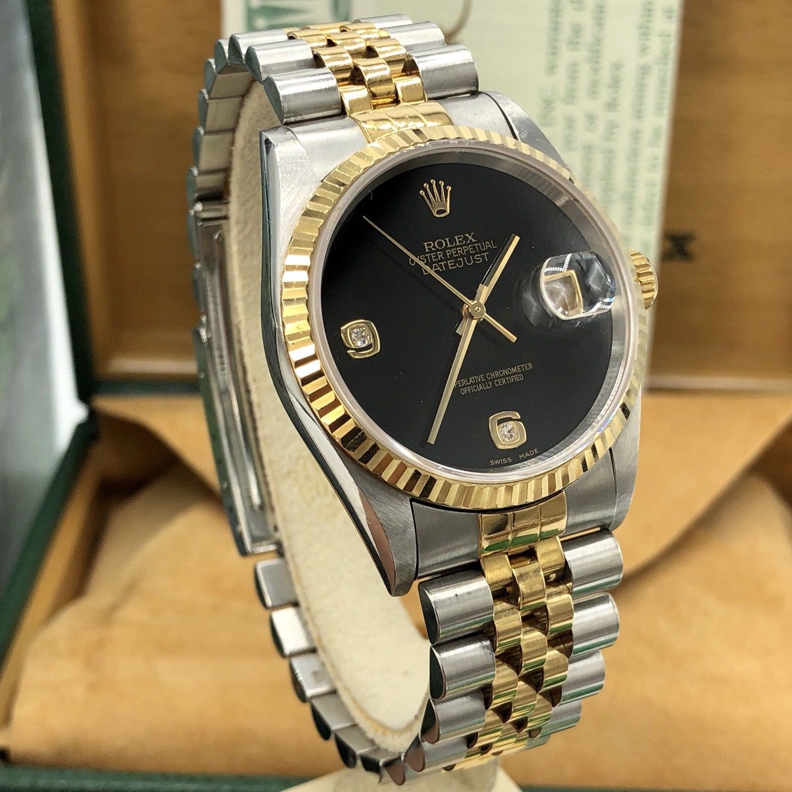 1998 Rolex 16233 DateJust FACTORY Onyx Diamond Dial Full set box & Papers