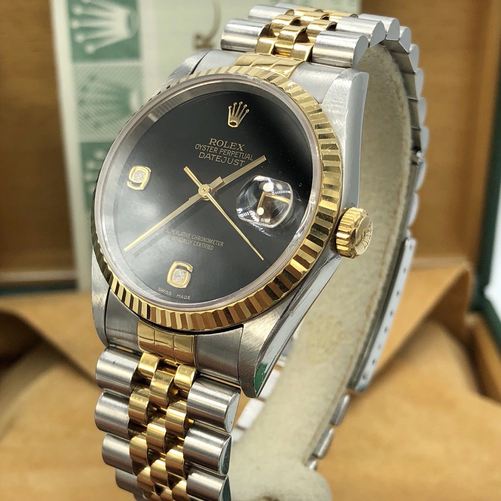 1998 Rolex 16233 DateJust FACTORY Onyx Diamond Dial Full set box & Papers