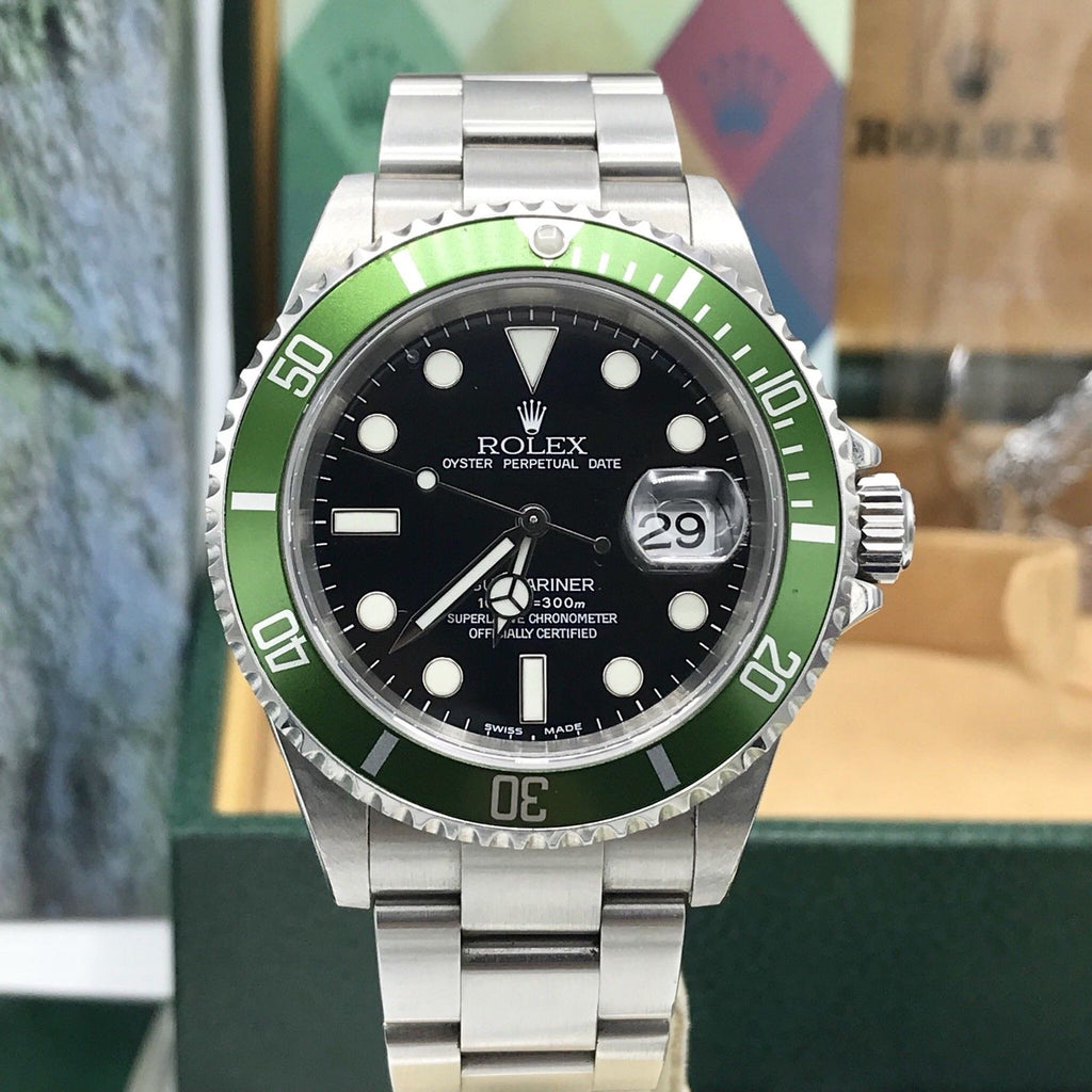Rolex 16610LV Submariner Anniversary Fat/Flat Four 4 Kermit Full Set Unpolished