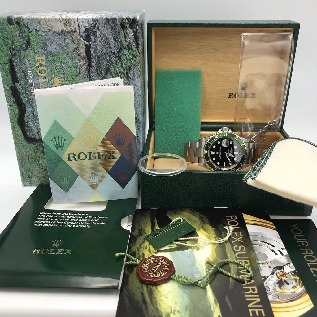 Rolex 16610LV Submariner Anniversary Fat/Flat Four 4 Kermit Full Set Unpolished