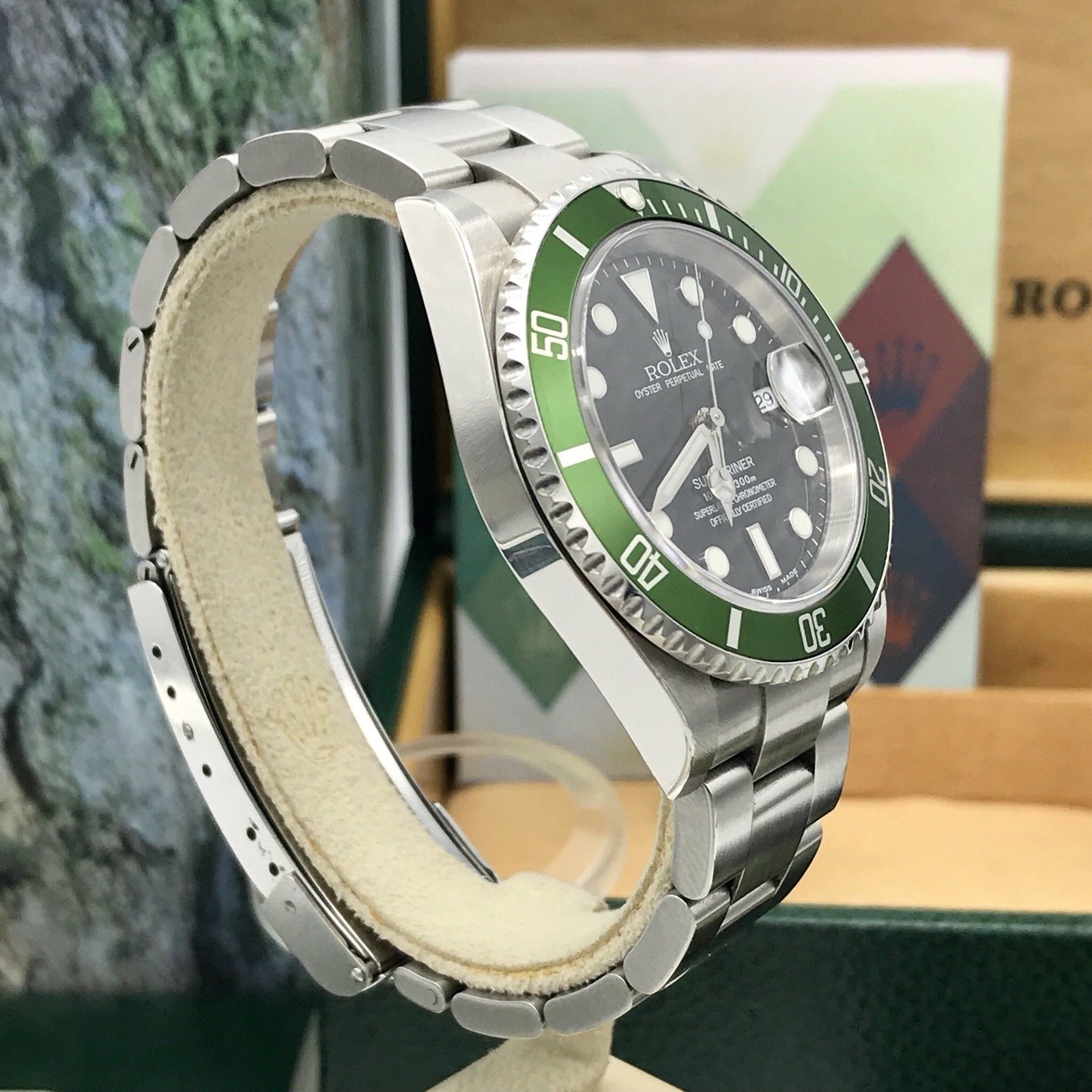 Rolex 16610LV Submariner Anniversary Fat/Flat Four 4 Kermit Full Set Unpolished