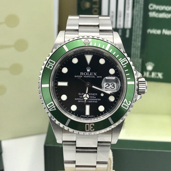 Rolex 16610LV Submariner Anniversary Green Kermit 2008 Full Set Card M Serial