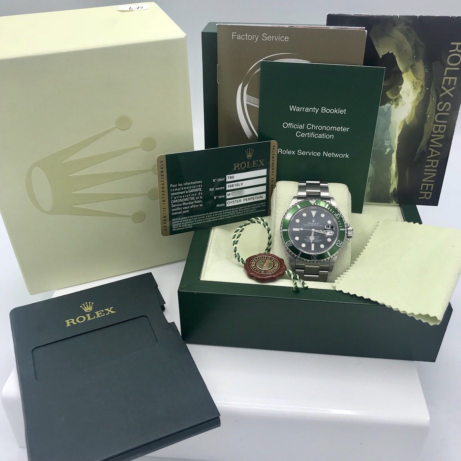 Rolex 16610LV Submariner Anniversary Green Kermit 2008 Full Set Card M Serial