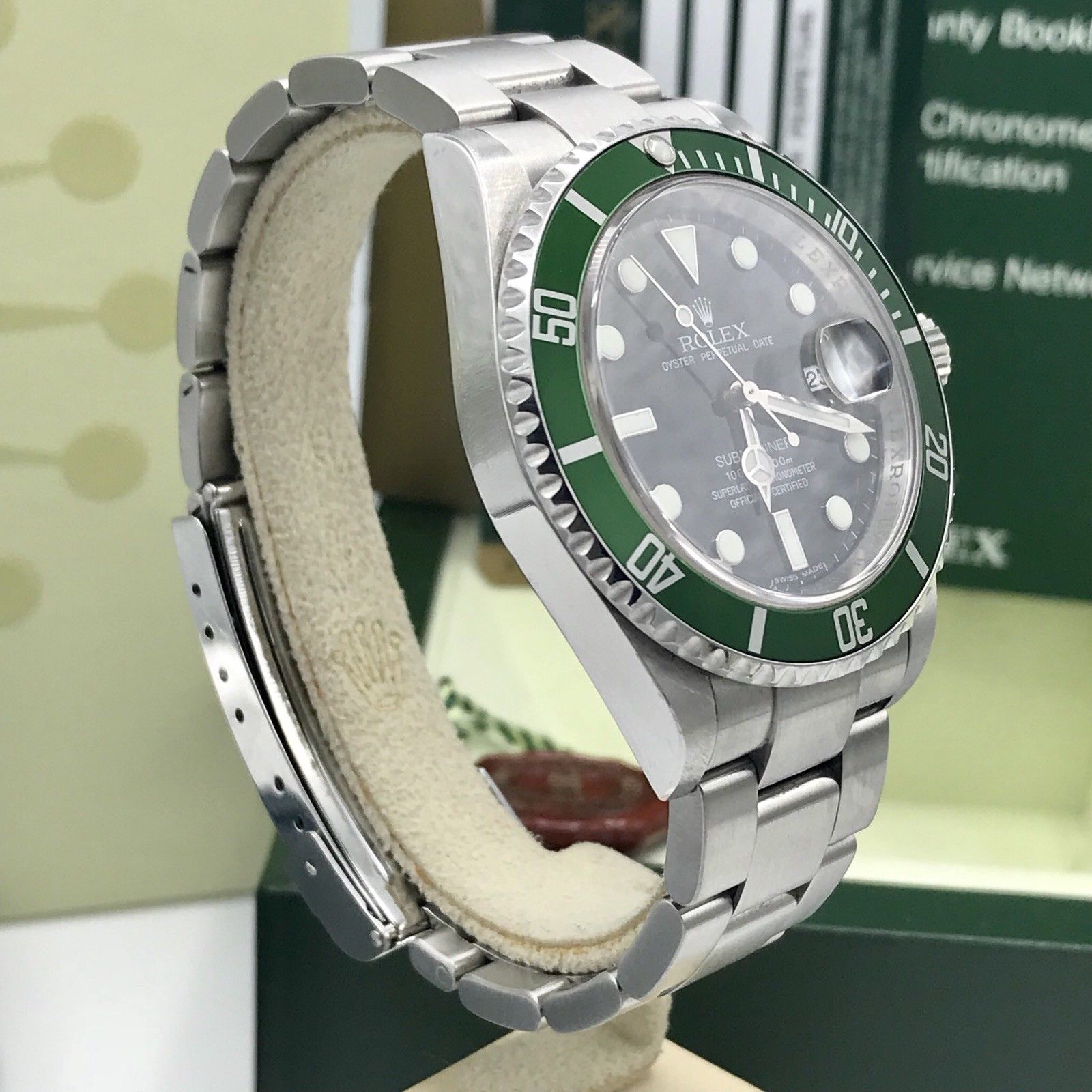 Rolex 16610LV Submariner Anniversary Green Kermit 2008 Full Set Card M Serial