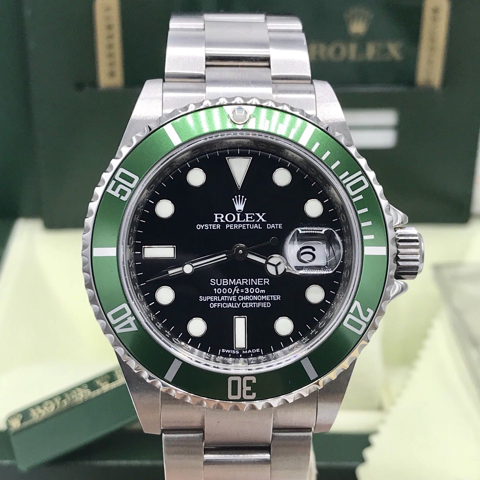 Rolex 16610LV Submariner Anniversary Green Kermit 2009 Full Set Card M Serial