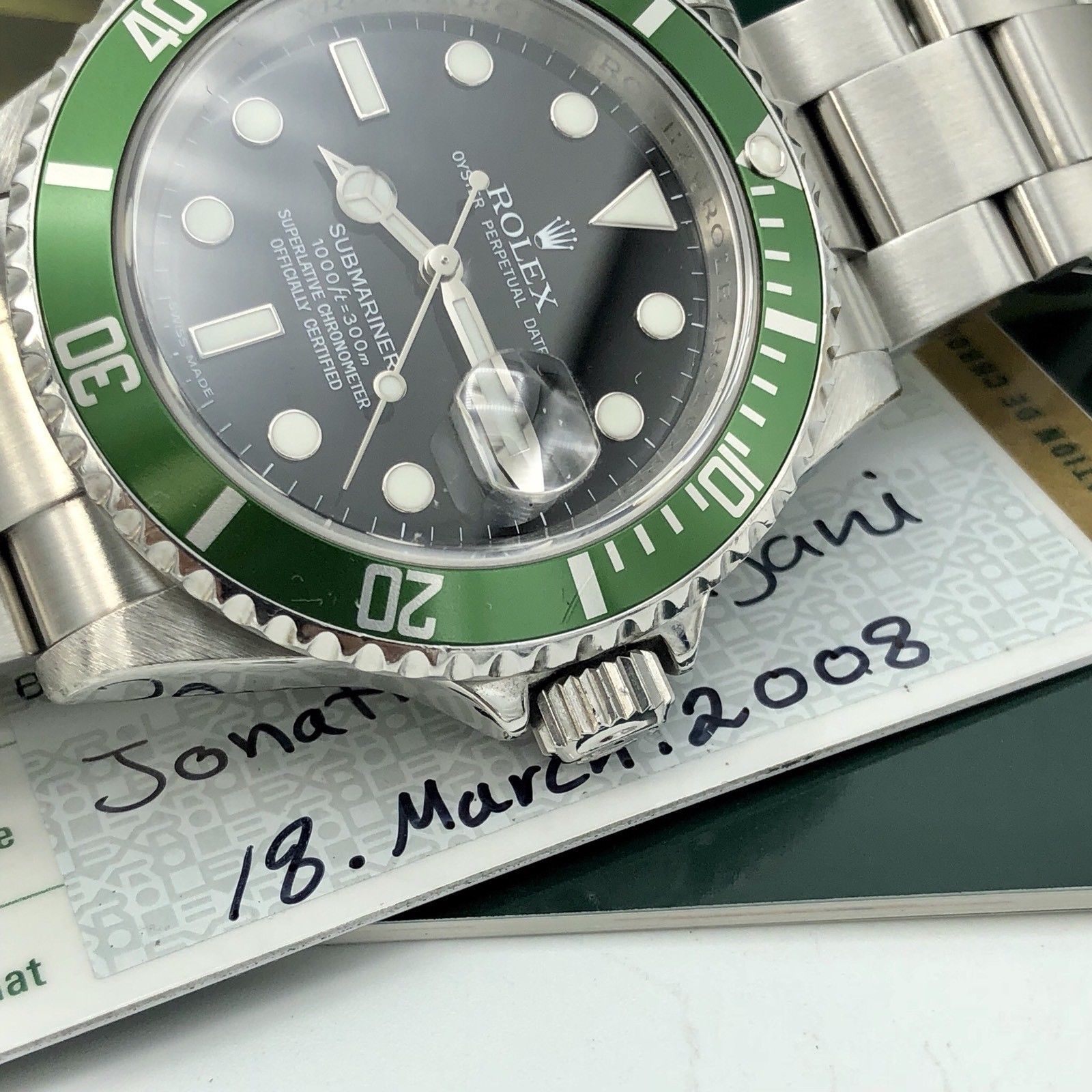 Rolex 16610LV Submariner Anniversary Green Kermit Full Set Card 2008 M Serial