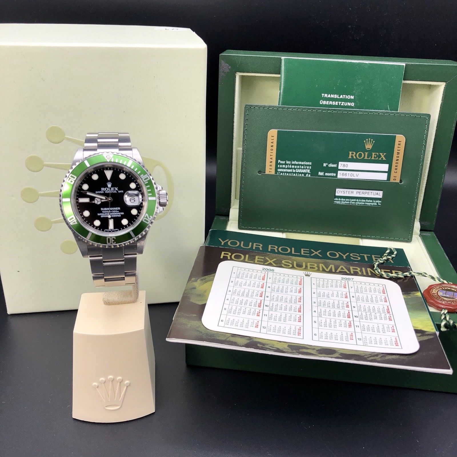 Rolex 16610LV Submariner Anniversary Green Kermit Full Set Open Card 2007/8