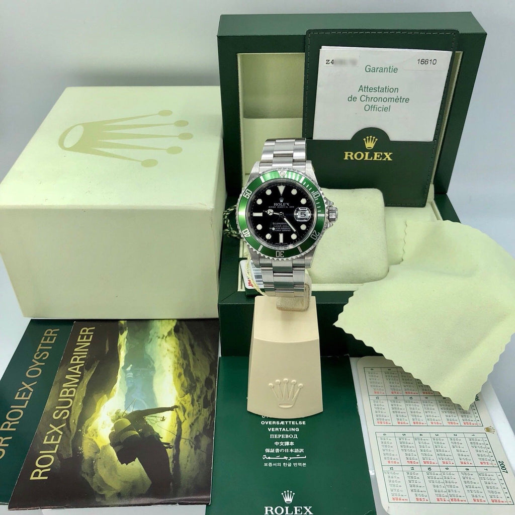 Rolex 16610LV Submariner Anniversary Green Kermit Full Set Papers 2007 Z Serial
