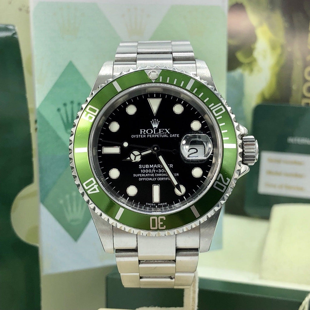Rolex 16610LV Submariner Anniversary Green Kermit Lime Full Set Papers D Serial