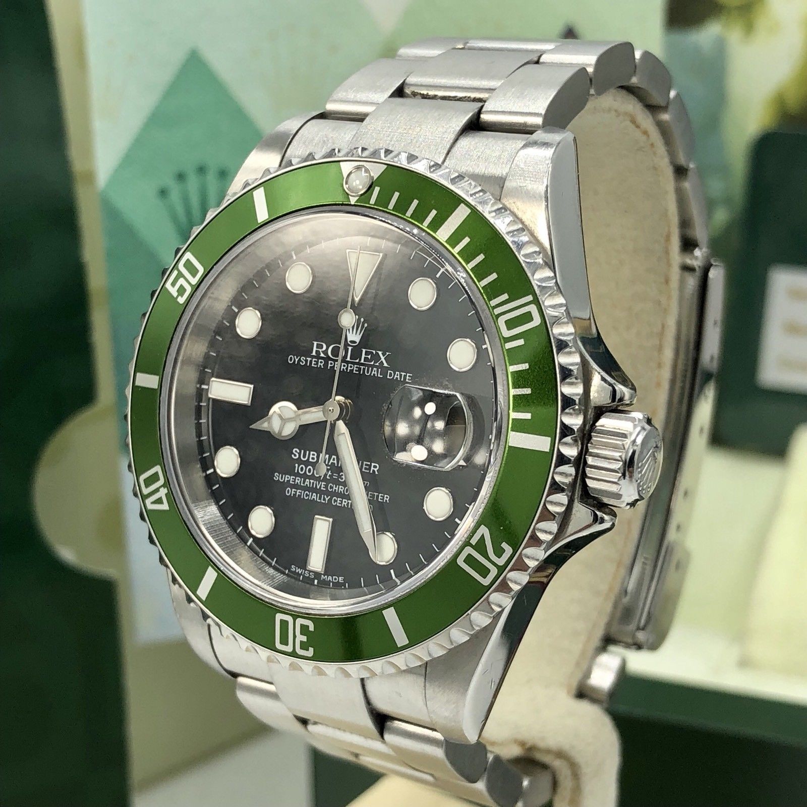 Rolex 16610LV Submariner Anniversary Green Kermit Lime Full Set Papers D Serial