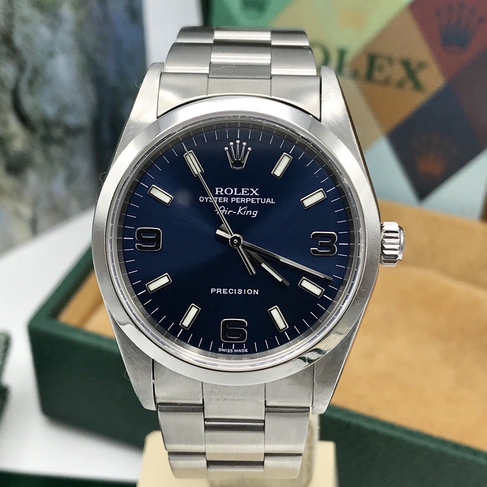 Rolex Air-King 14000 Stainless Steel 34mm Blue Arabic Dial Automatic Box &Papers