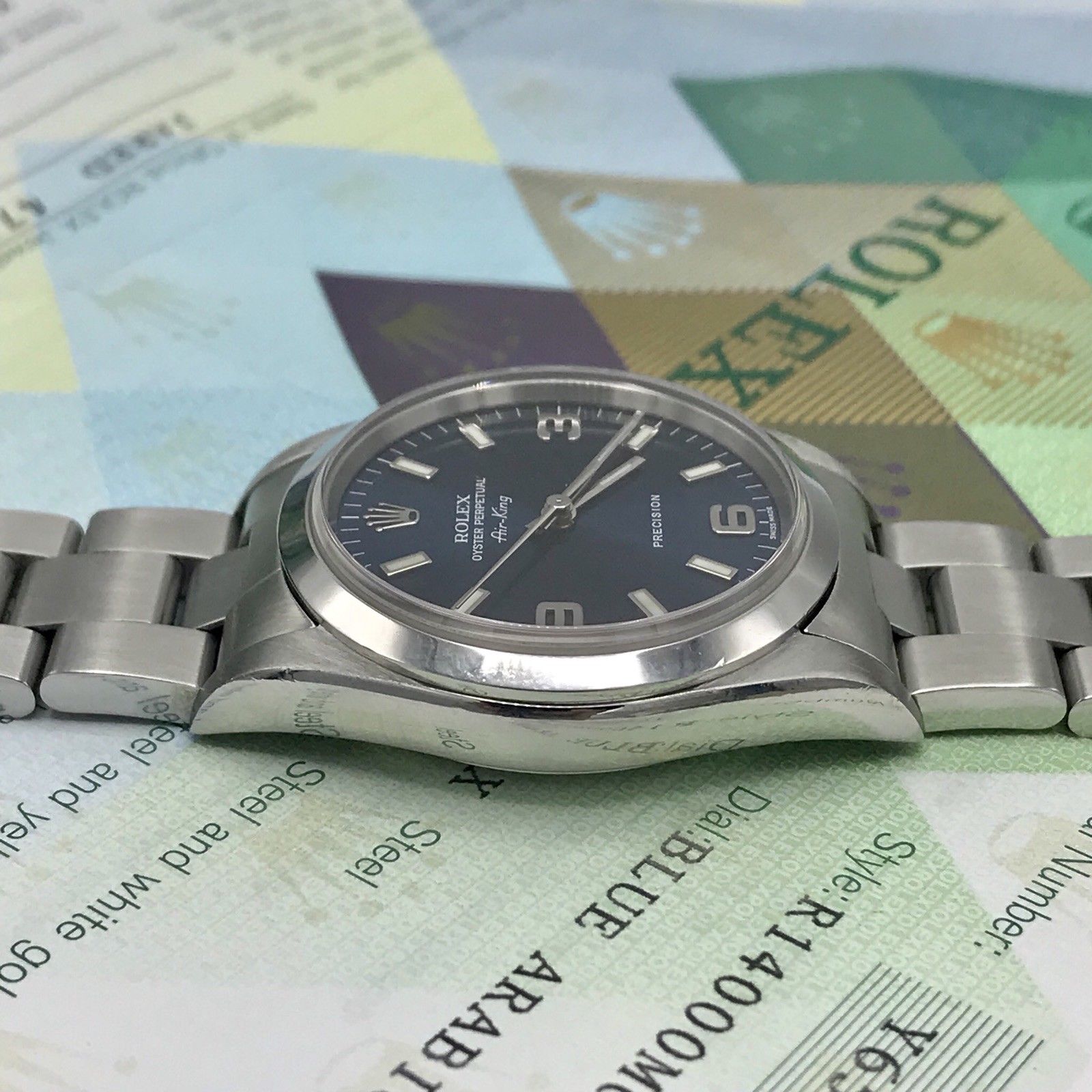 Rolex Air-King 14000 Stainless Steel 34mm Blue Arabic Dial Automatic Box &Papers