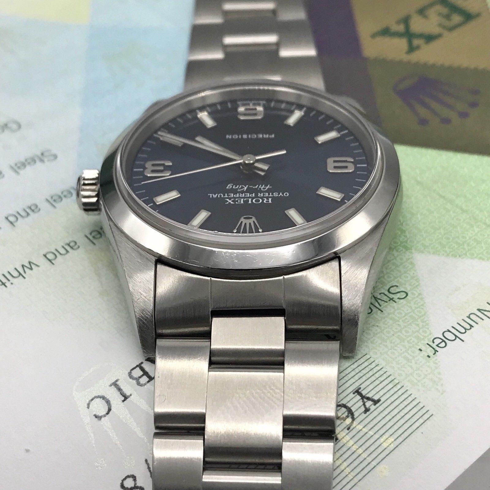 Rolex Air-King 14000 Stainless Steel 34mm Blue Arabic Dial Automatic Box &Papers