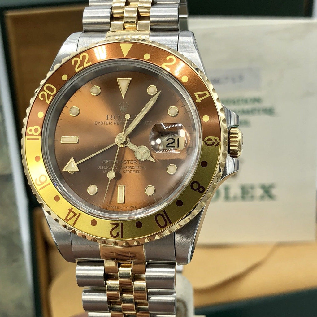 Rolex GMT Master II 16713 Root Beer Full Set 1989/90 Heavy Patina Box Papers