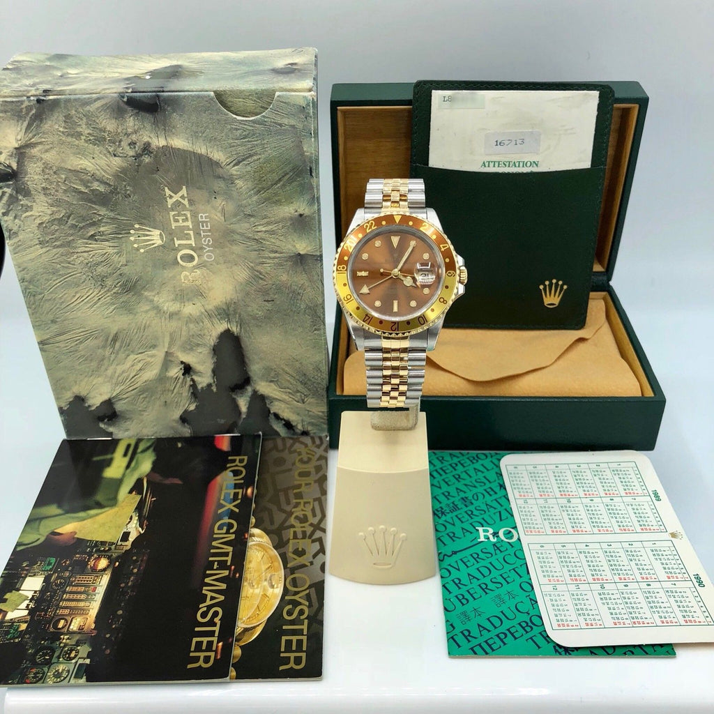 Rolex GMT Master II 16713 Root Beer Full Set 1989/90 Heavy Patina Box Papers