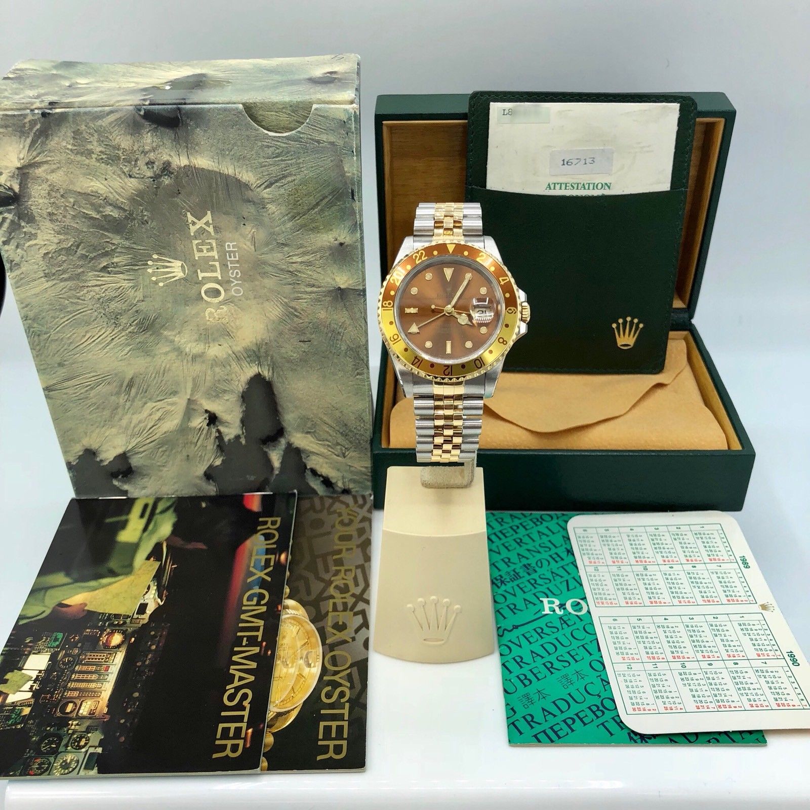 Rolex GMT Master II 16713 Root Beer Full Set 1989/90 Heavy Patina Box Papers