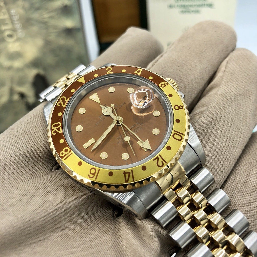 Rolex GMT Master II 16713 Root Beer Full Set 1989/90 Heavy Patina Box Papers