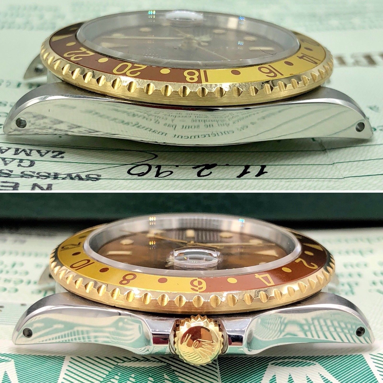 Rolex GMT Master II 16713 Root Beer Full Set 1989/90 Heavy Patina Box Papers